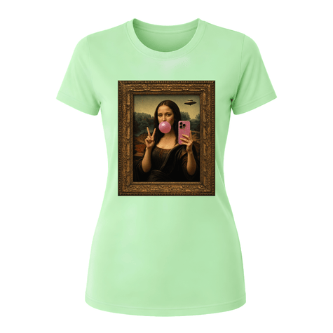 Mint green women's casual fashion shirt with Mona Lisa bubble gum portrait graphic