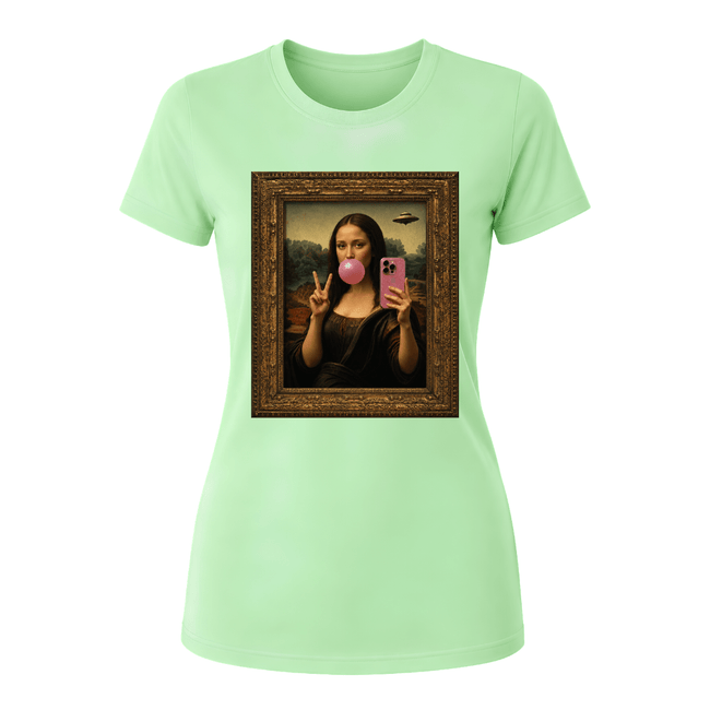 Mint green women's casual fashion shirt with Mona Lisa bubble gum portrait graphic