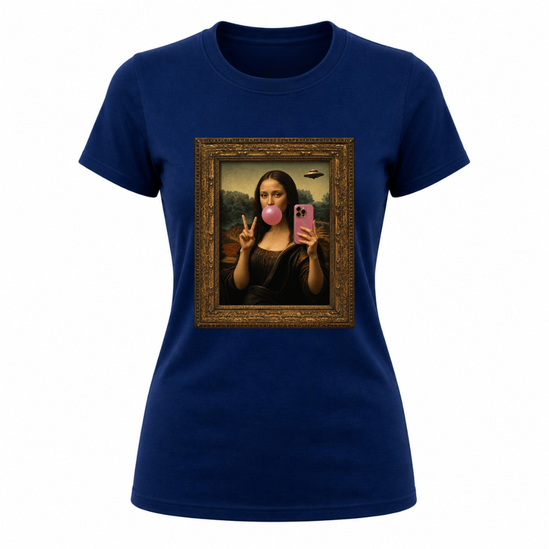 Navy blue women’s casual t shirt with humorous Mona Lisa phone selfie illustration