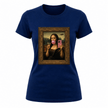 Navy blue women’s casual t shirt with humorous Mona Lisa phone selfie illustration