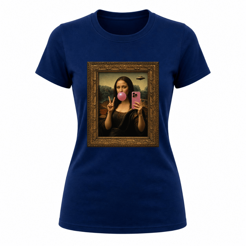 Navy blue women’s casual t shirt with humorous Mona Lisa phone selfie illustration