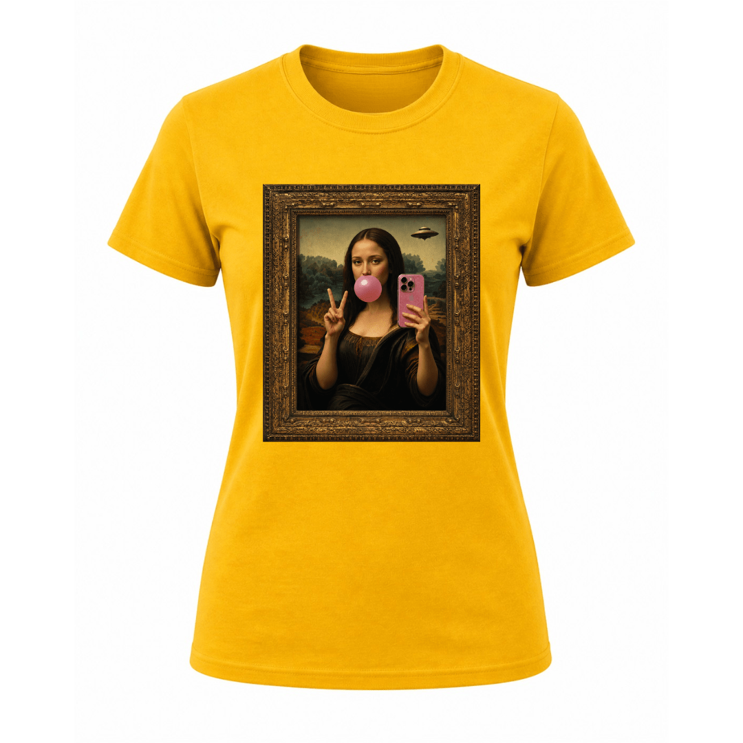 Yellow women’s statement t shirt featuring modern reinterpretation of Mona Lisa