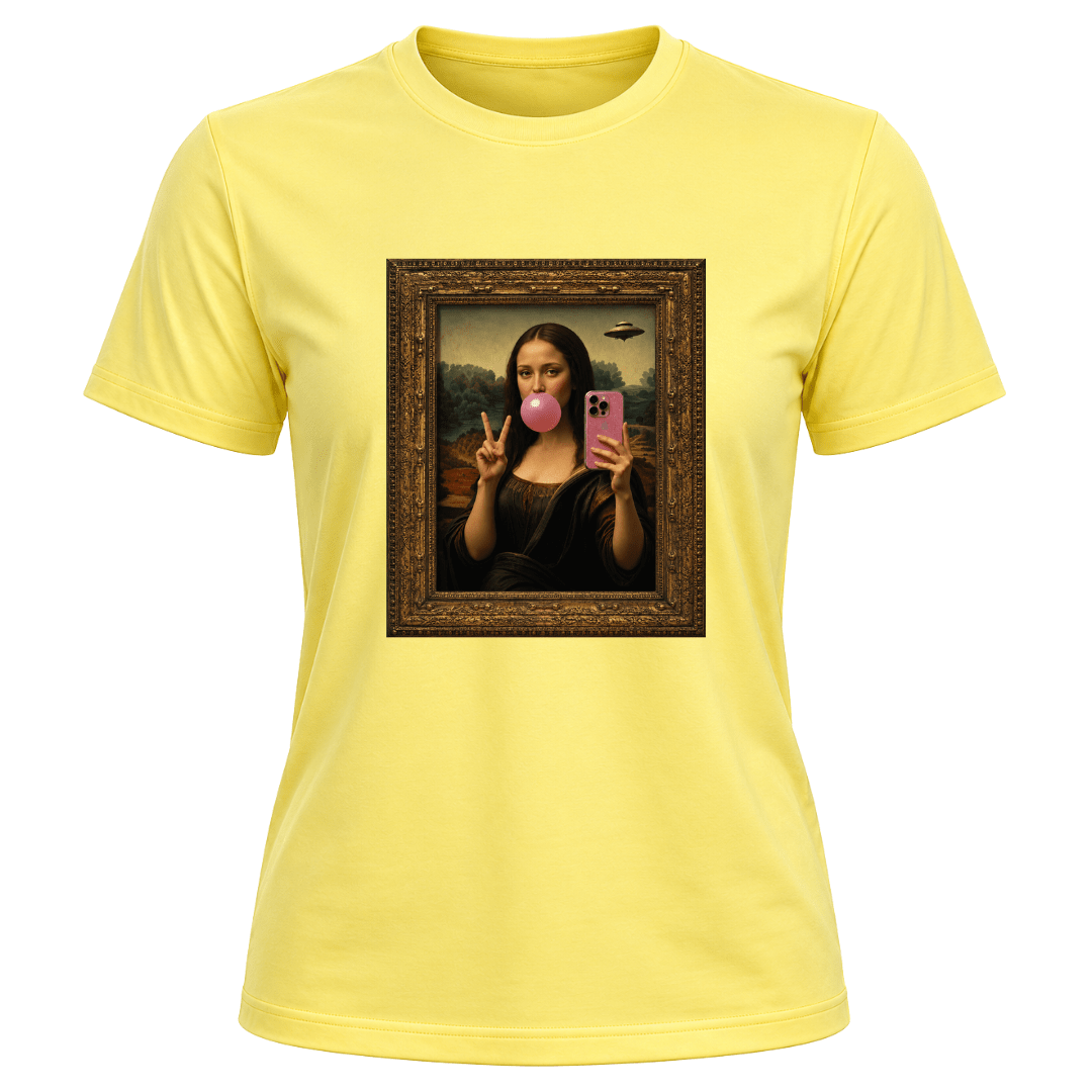 Corn silk women's novelty t shirt featuring funny selfie inspired Mona Lisa artwork