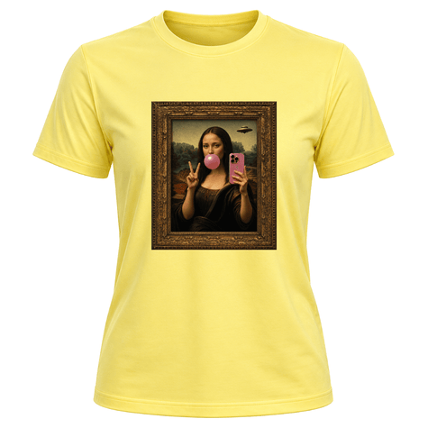 Corn silk women's novelty t shirt featuring funny selfie inspired Mona Lisa artwork