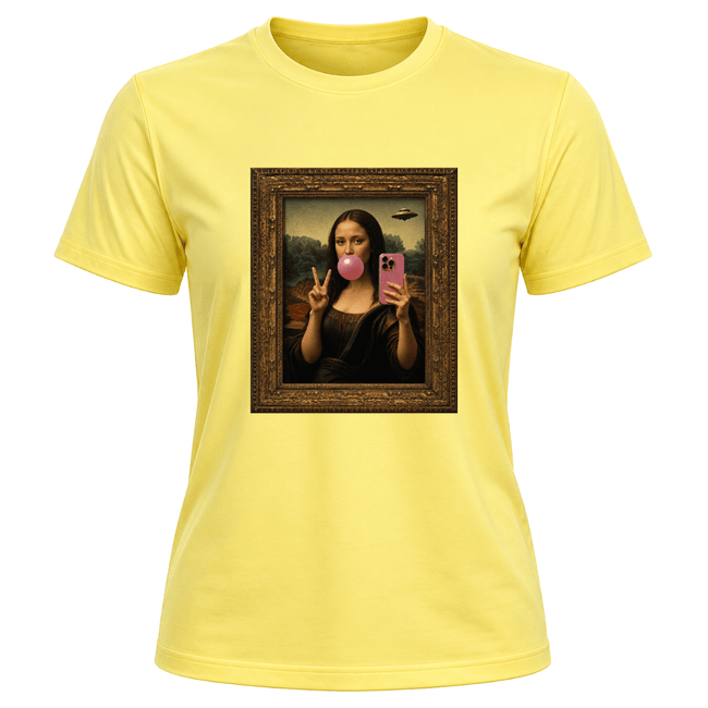 Corn silk women's novelty t shirt featuring funny selfie inspired Mona Lisa artwork