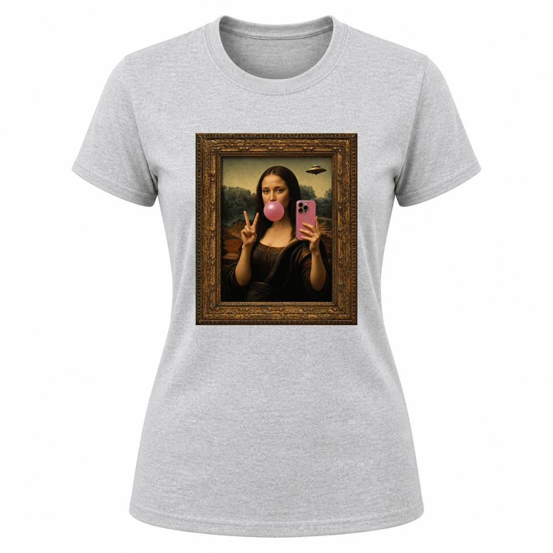 Sport grey women's graphic tee featuring modern Mona Lisa bubble gum artwork