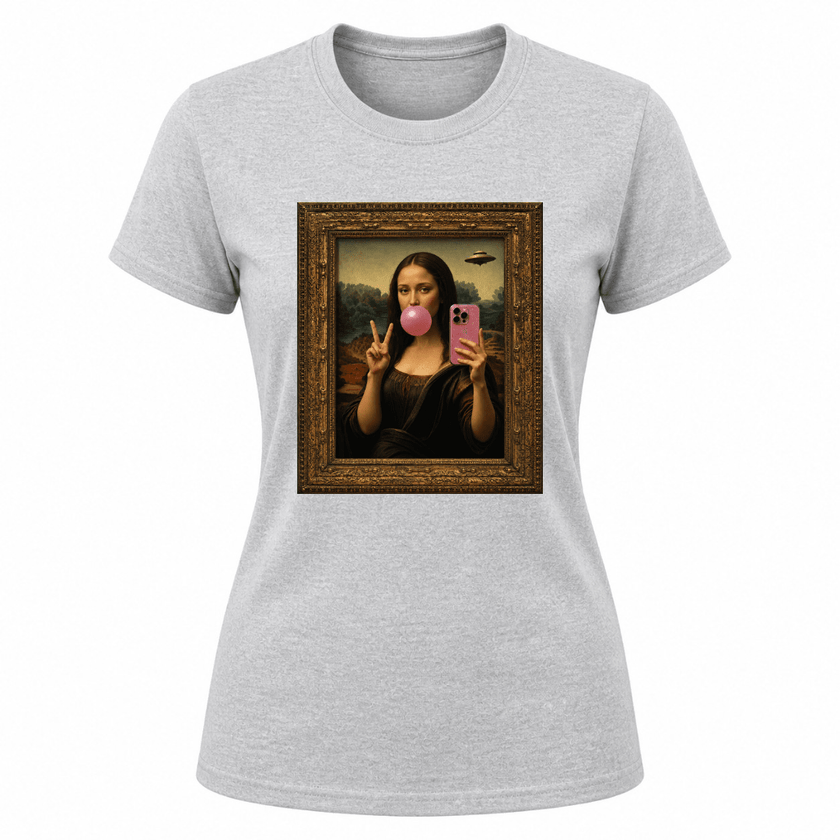 Sport grey women's graphic tee featuring modern Mona Lisa bubble gum artwork
