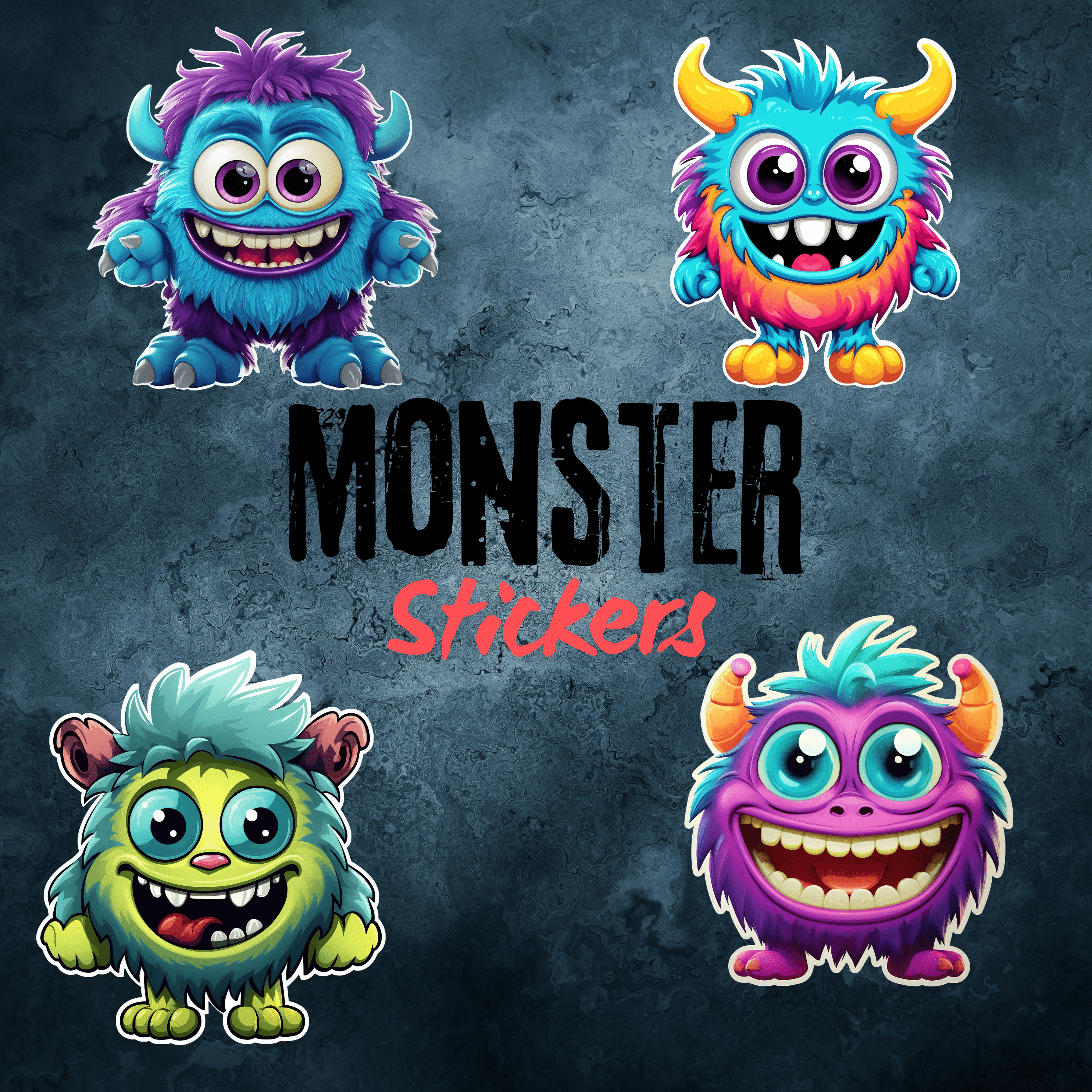 Four colorful cartoon monster stickers with big eyes and happy expressions on a textured blue background.