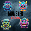 Four colorful cartoon monster stickers with big eyes and happy expressions on a textured blue background.