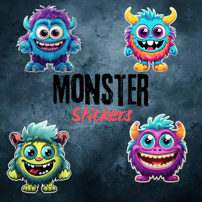 Four colorful cartoon monster stickers with big eyes and happy expressions on a textured blue background.