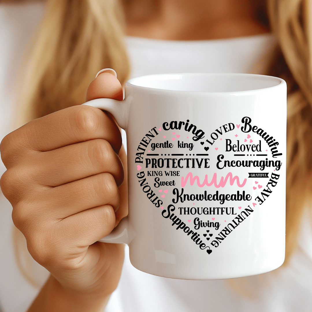 Close up of mum mug showing meaningful affirmations in heart shape design