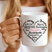 Close up of mum mug showing meaningful affirmations in heart shape design