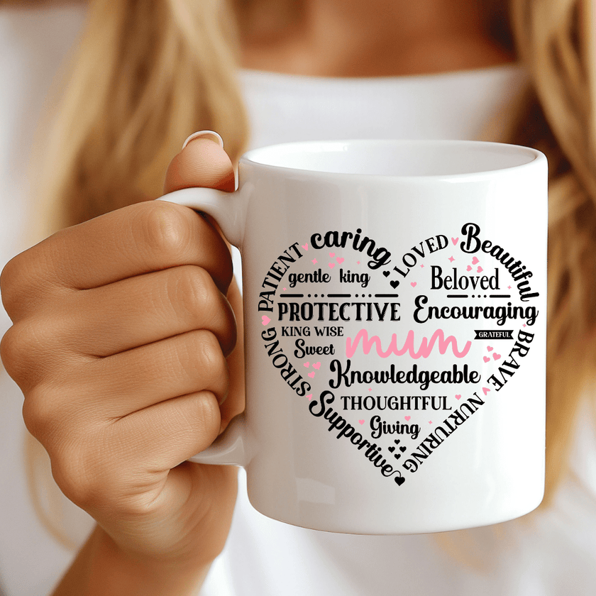 Close up of mum mug showing meaningful affirmations in heart shape design