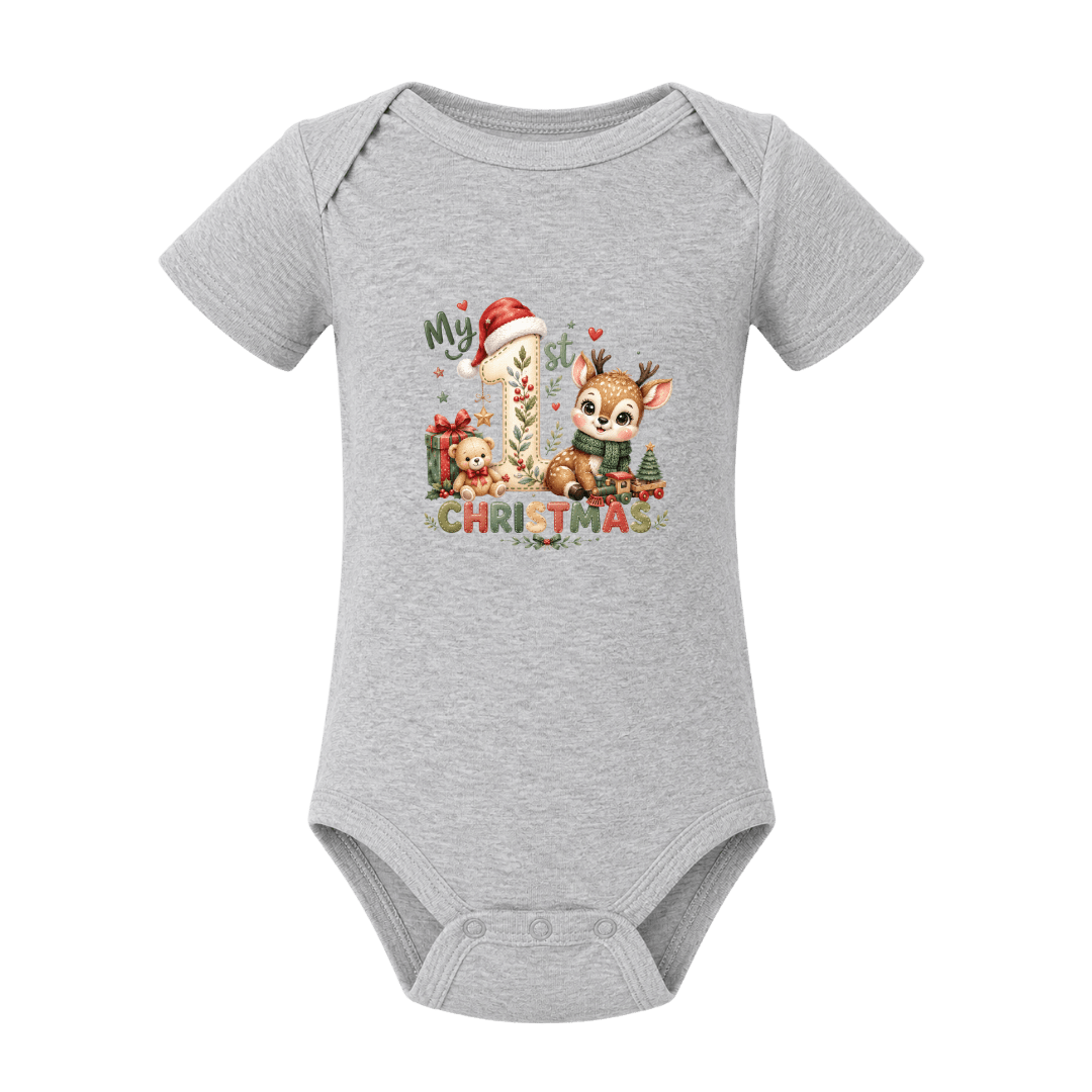 Grey My First Christmas baby onesie featuring woodland reindeer, presents and traditional festive colours.