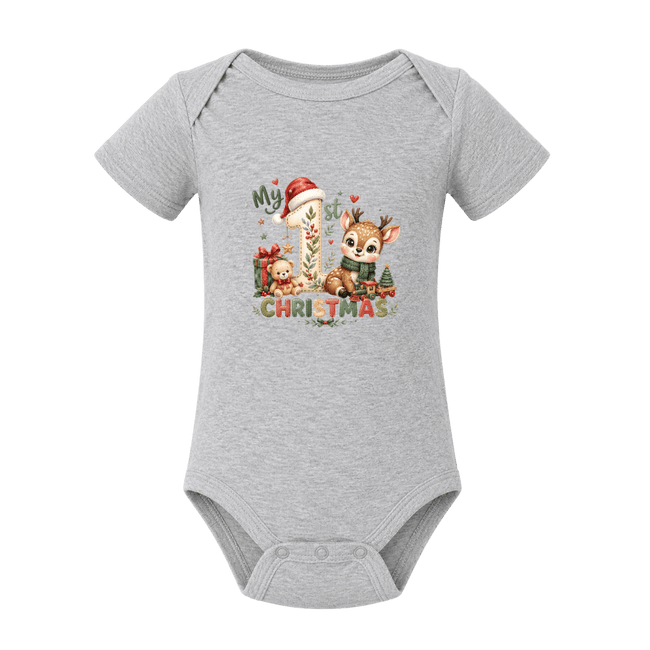 Grey My First Christmas baby onesie featuring woodland reindeer, presents and traditional festive colours.
