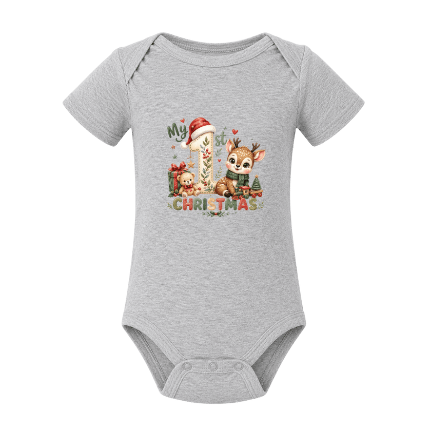Grey My First Christmas baby onesie featuring woodland reindeer, presents and traditional festive colours.