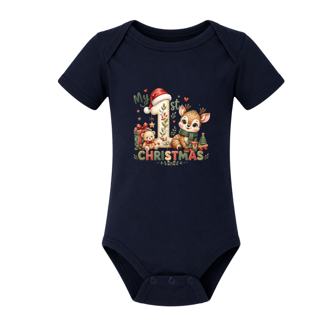 Navy baby Christmas bodysuit with adorable first Christmas reindeer, teddy bear and festive greenery.
