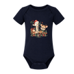 Navy baby Christmas bodysuit with adorable first Christmas reindeer, teddy bear and festive greenery.