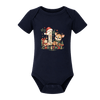 Navy baby Christmas bodysuit with adorable first Christmas reindeer, teddy bear and festive greenery.