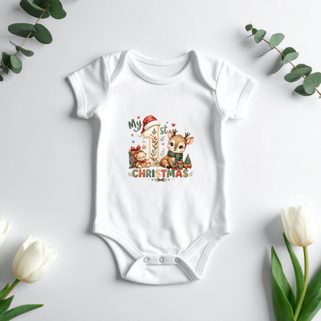 Baby first Christmas bodysuit featuring a reindeer, teddy bear, presents and charming woodland holiday artwork.