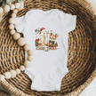 Woodland Christmas baby onesie with cute reindeer and My First Christmas number one holiday design.