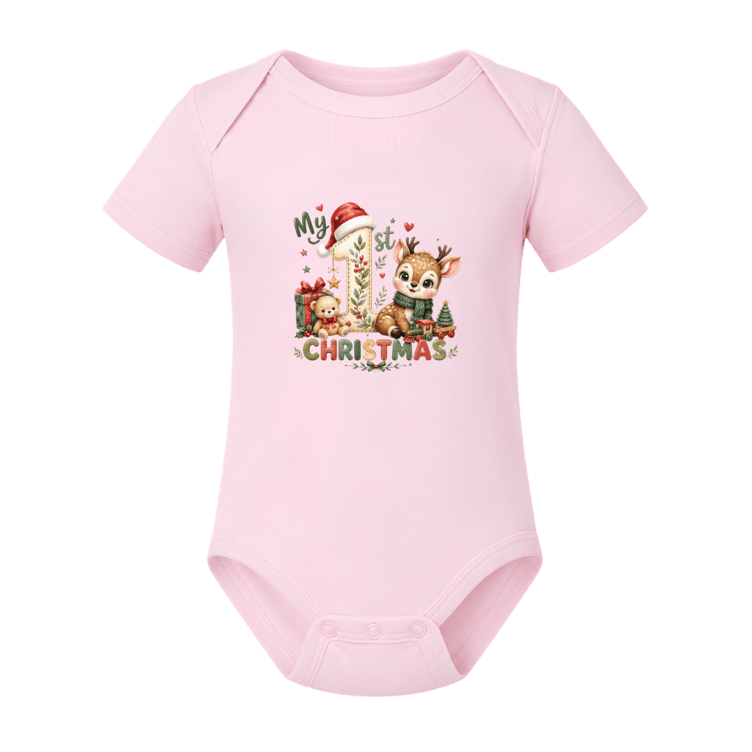 Pink baby Christmas outfit featuring an adorable reindeer, teddy bear and festive first Christmas design.