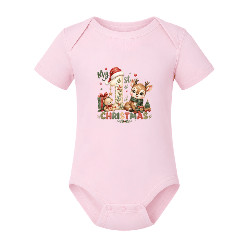 Pink baby Christmas outfit featuring an adorable reindeer, teddy bear and festive first Christmas design.