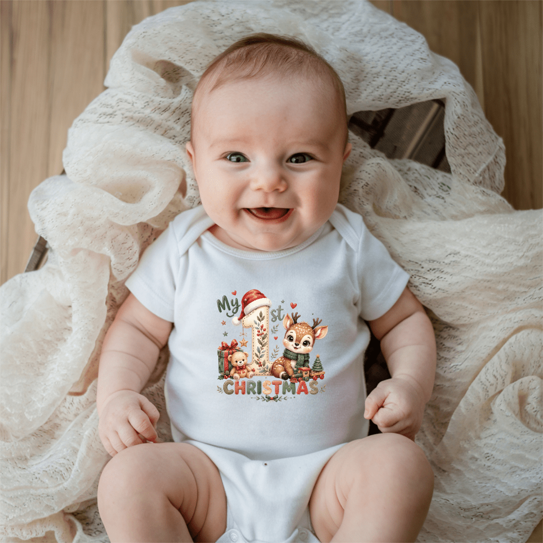 Cute reindeer baby Christmas onesie featuring a festive first Christmas design for babies and infants.