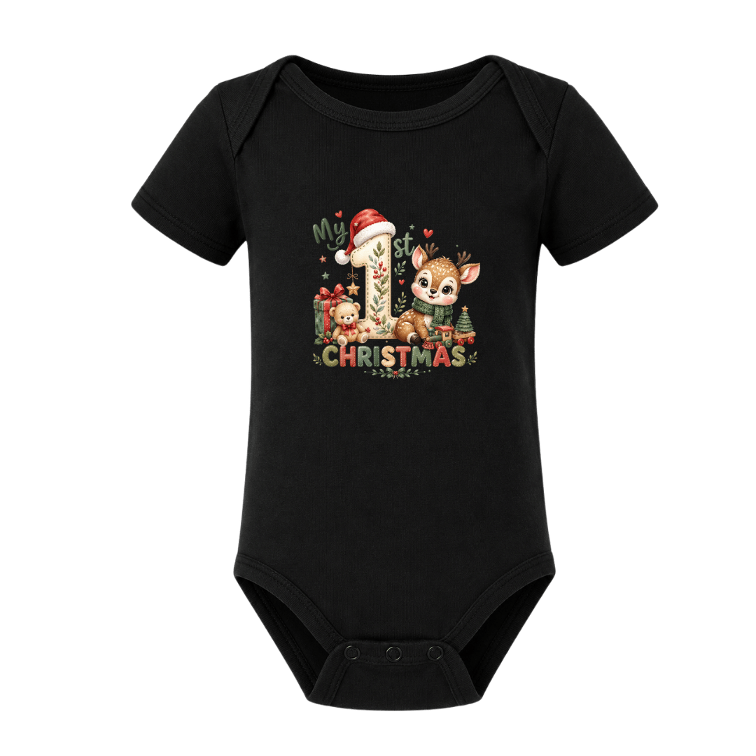 Black My First Christmas baby onesie featuring colourful reindeer artwork and a festive holiday number one design.