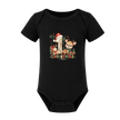 Black My First Christmas baby onesie featuring colourful reindeer artwork and a festive holiday number one design.