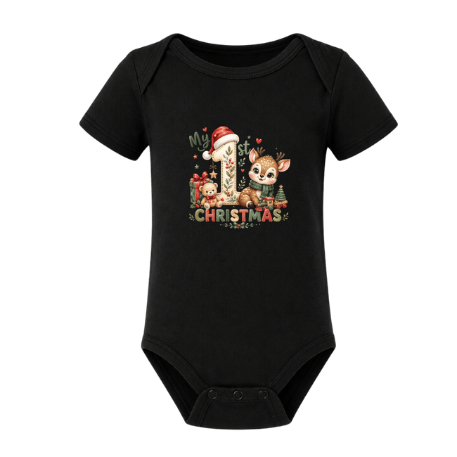 Black My First Christmas baby onesie featuring colourful reindeer artwork and a festive holiday number one design.