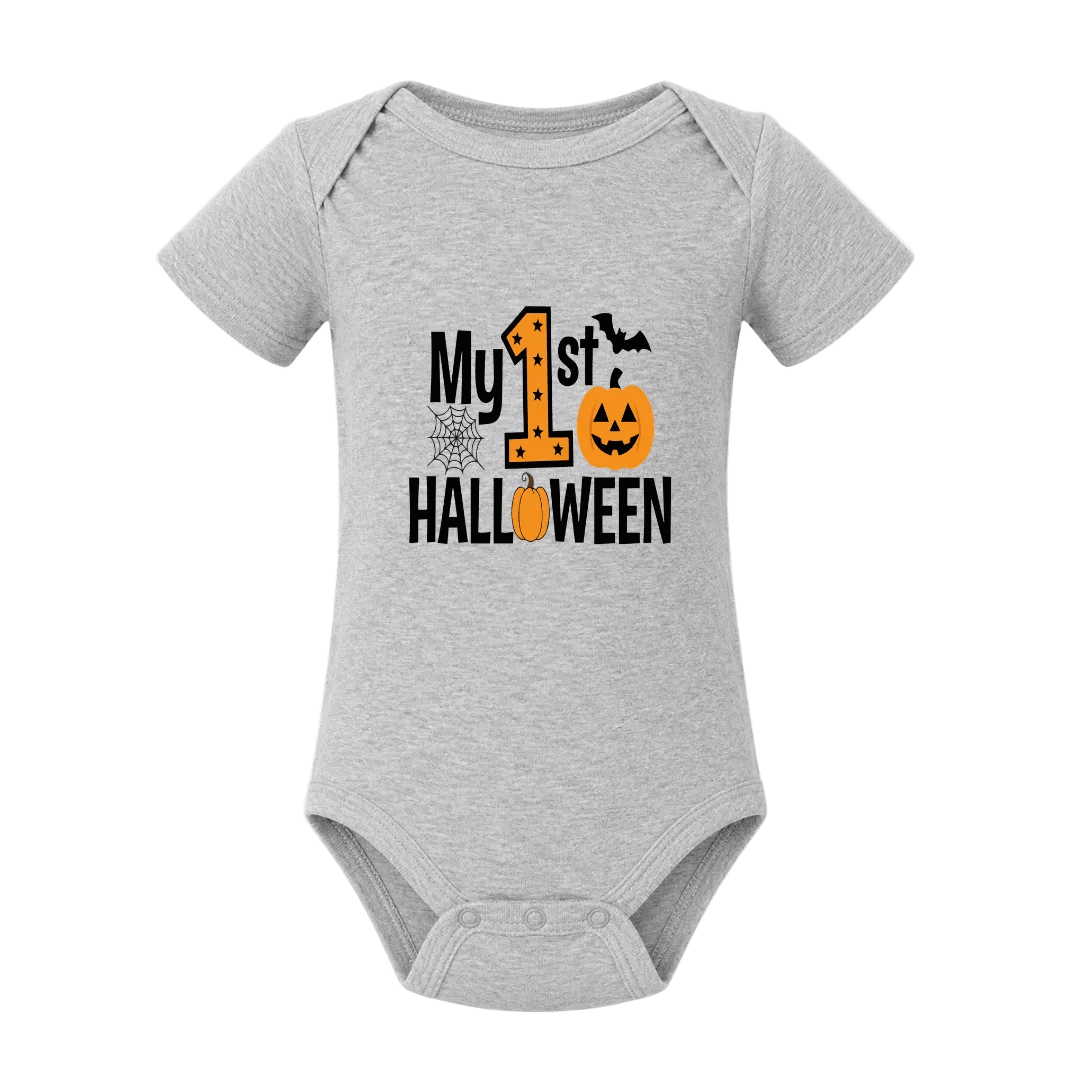 Grey My First Halloween baby onesie featuring a pumpkin, number one, spiderweb and bat design.