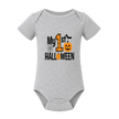 Grey My First Halloween baby onesie featuring a pumpkin, number one, spiderweb and bat design.