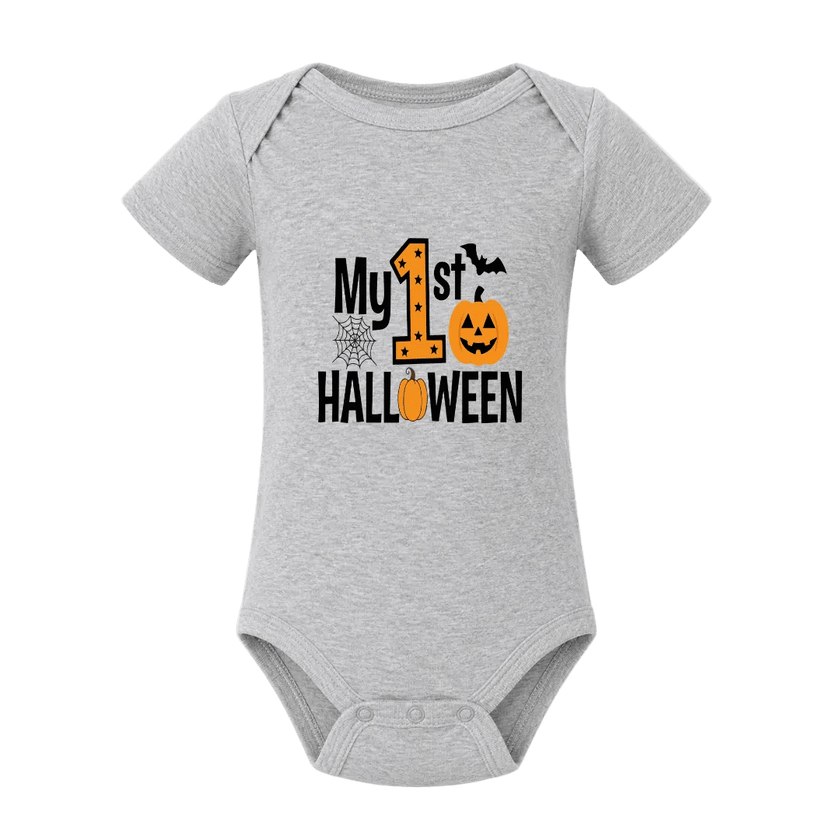 Grey My First Halloween baby onesie featuring a pumpkin, number one, spiderweb and bat design.
