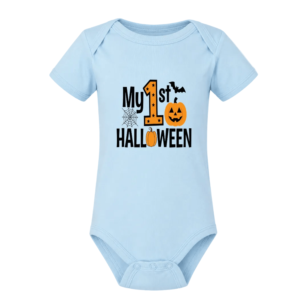 Light blue My First Halloween baby onesie with festive pumpkin, bat and spiderweb design for baby’s first Halloween.
