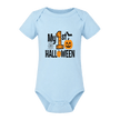 Light blue My First Halloween baby onesie with festive pumpkin, bat and spiderweb design for baby’s first Halloween.