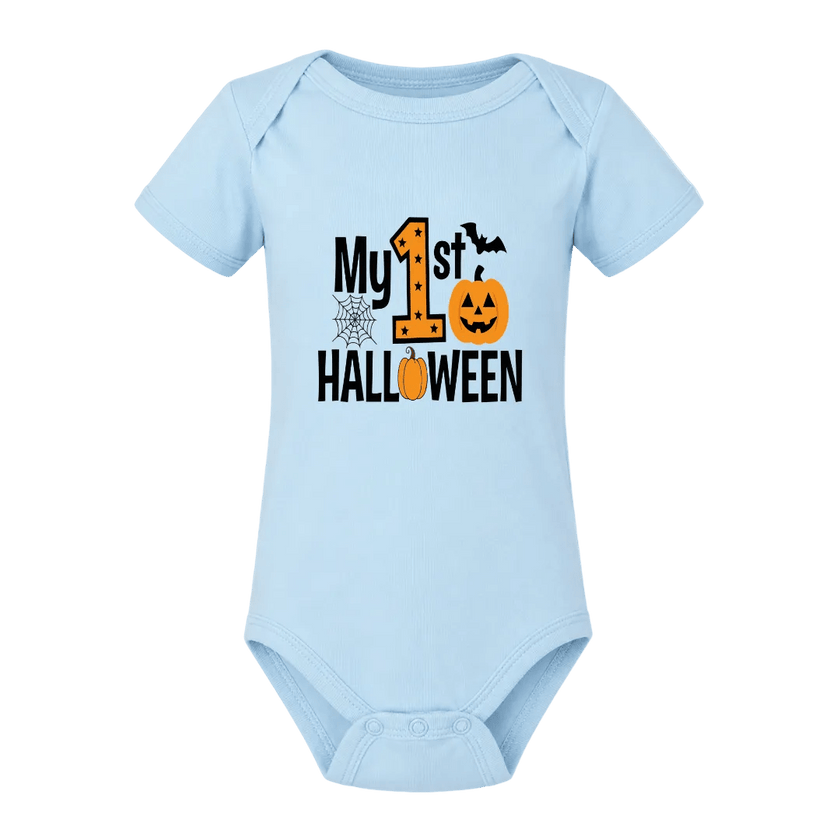 Light blue My First Halloween baby onesie with festive pumpkin, bat and spiderweb design for baby’s first Halloween.