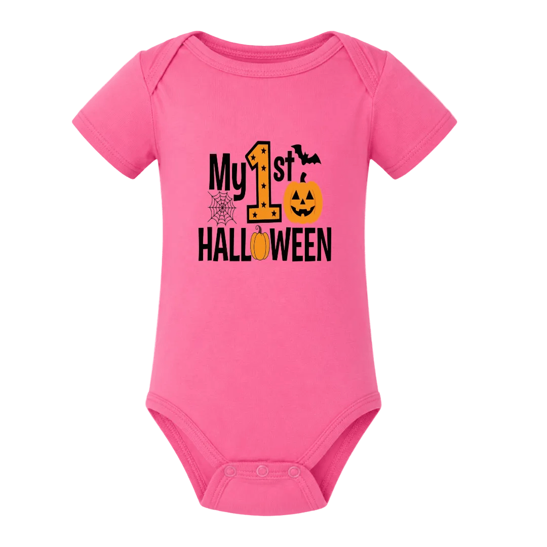 Hot pink baby Halloween bodysuit with My First Halloween graphic and orange jack o lantern.