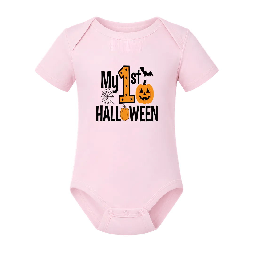 Light pink My First Halloween baby bodysuit with cute orange pumpkin graphic for fall and Halloween photos.