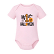 Light pink My First Halloween baby bodysuit with cute orange pumpkin graphic for fall and Halloween photos.