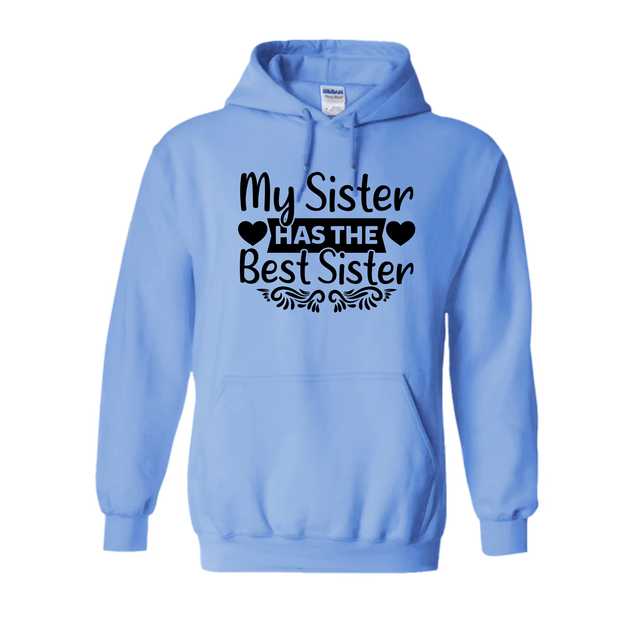 Carolina blue hoodie with black text on a white background