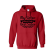 Red hoodie with black text on a white background