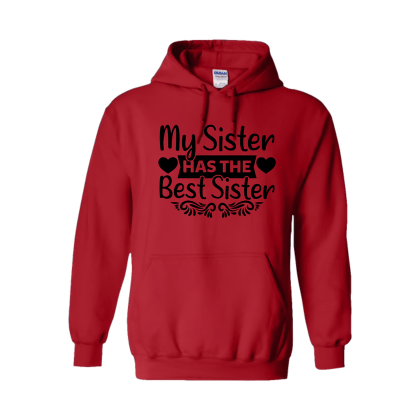 Red hoodie with black text on a white background