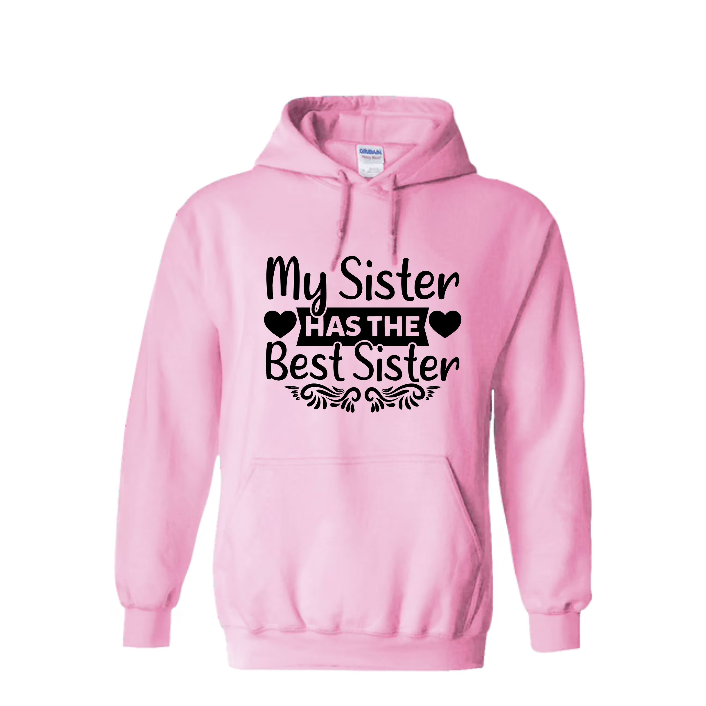 Pink sister hoodie flat lay on white background showing full front heart-framed text