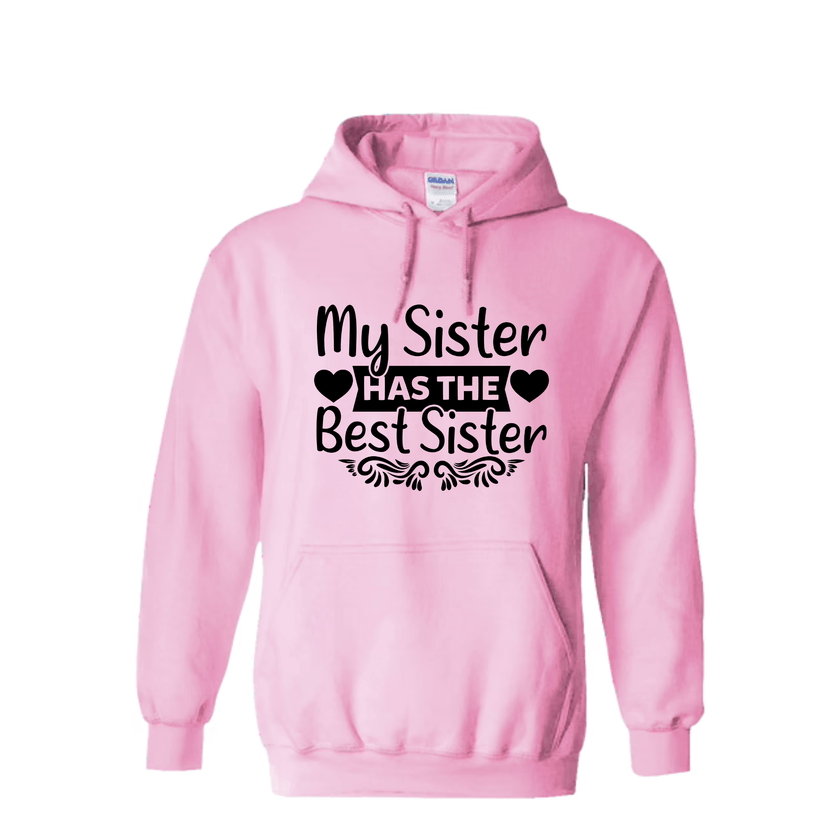 Pink sister hoodie flat lay on white background showing full front heart-framed text