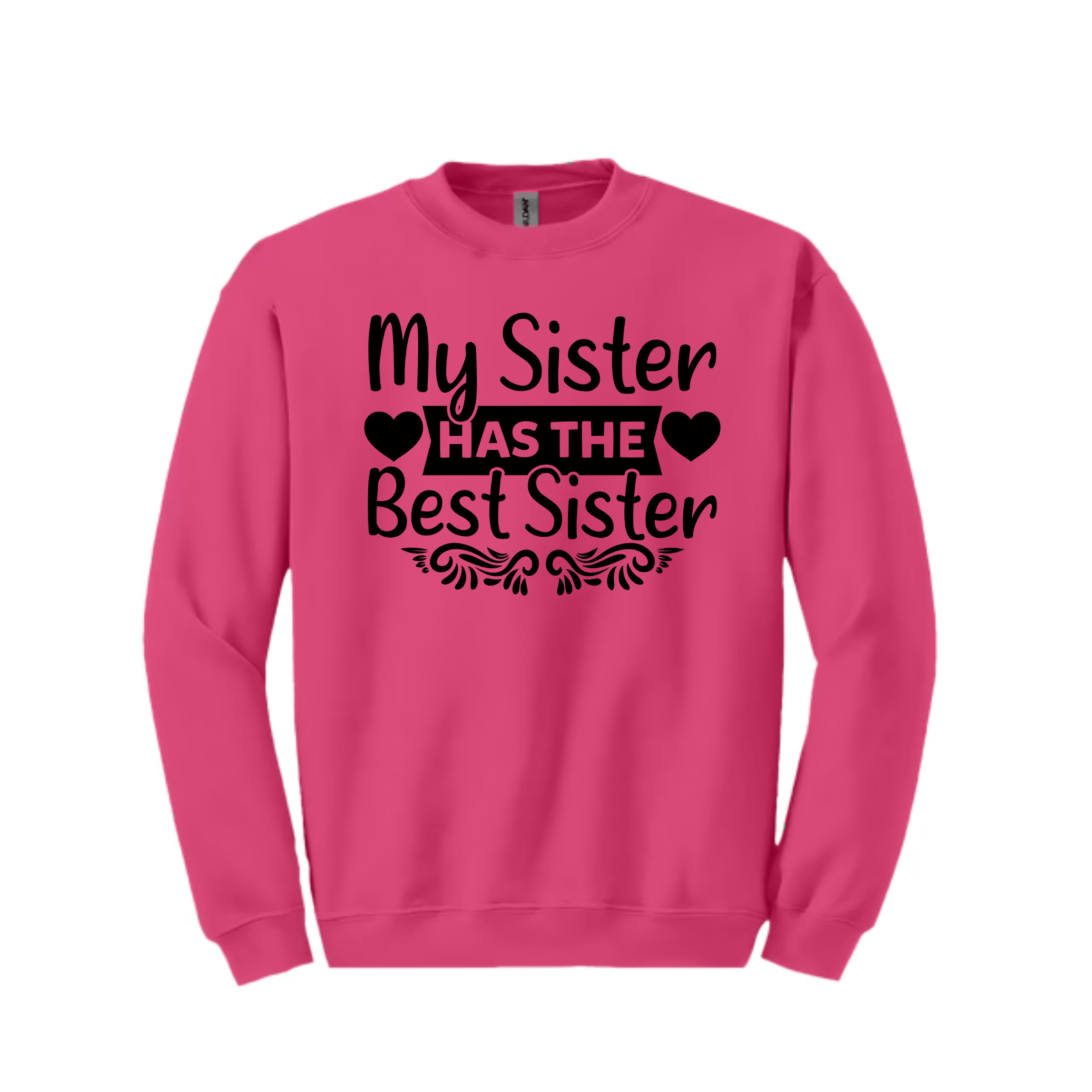 Pink sweatshirt with black text and heart graphics on a white background