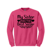 Pink sweatshirt with black text and heart graphics on a white background