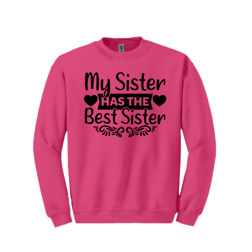 Pink sweatshirt with black text and heart graphics on a white background