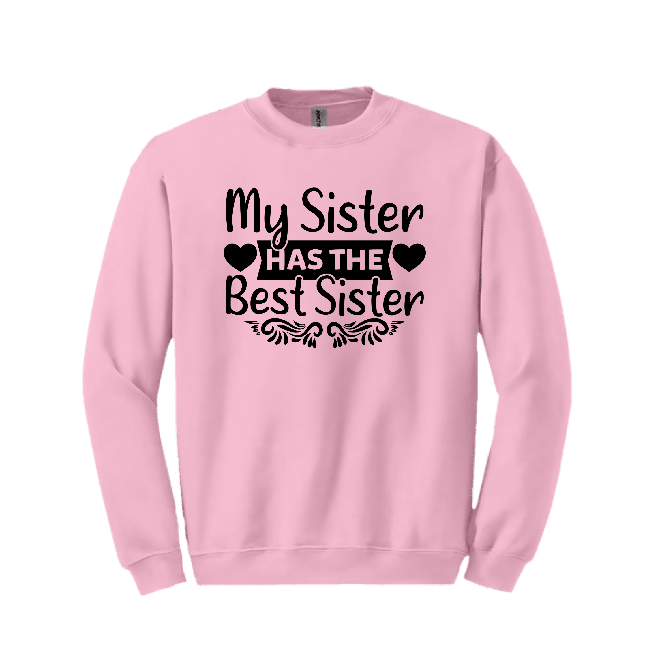 Pink sister sweatshirt flat lay on white background highlighting heart-framed text