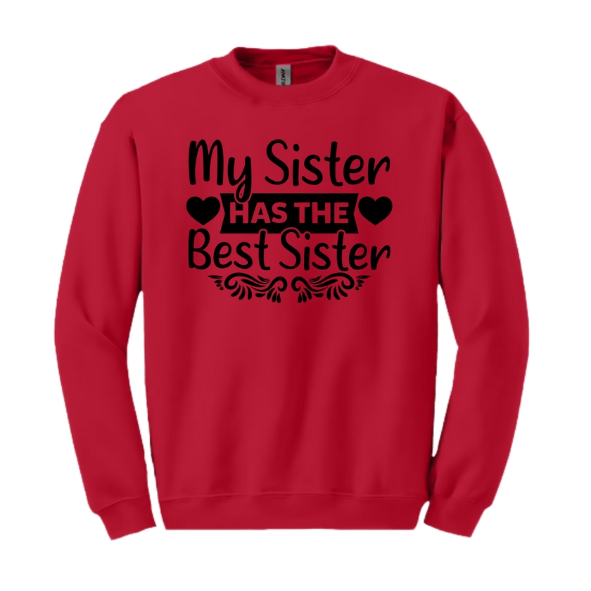 Red sweatshirt with black text and heart graphics on a white background
